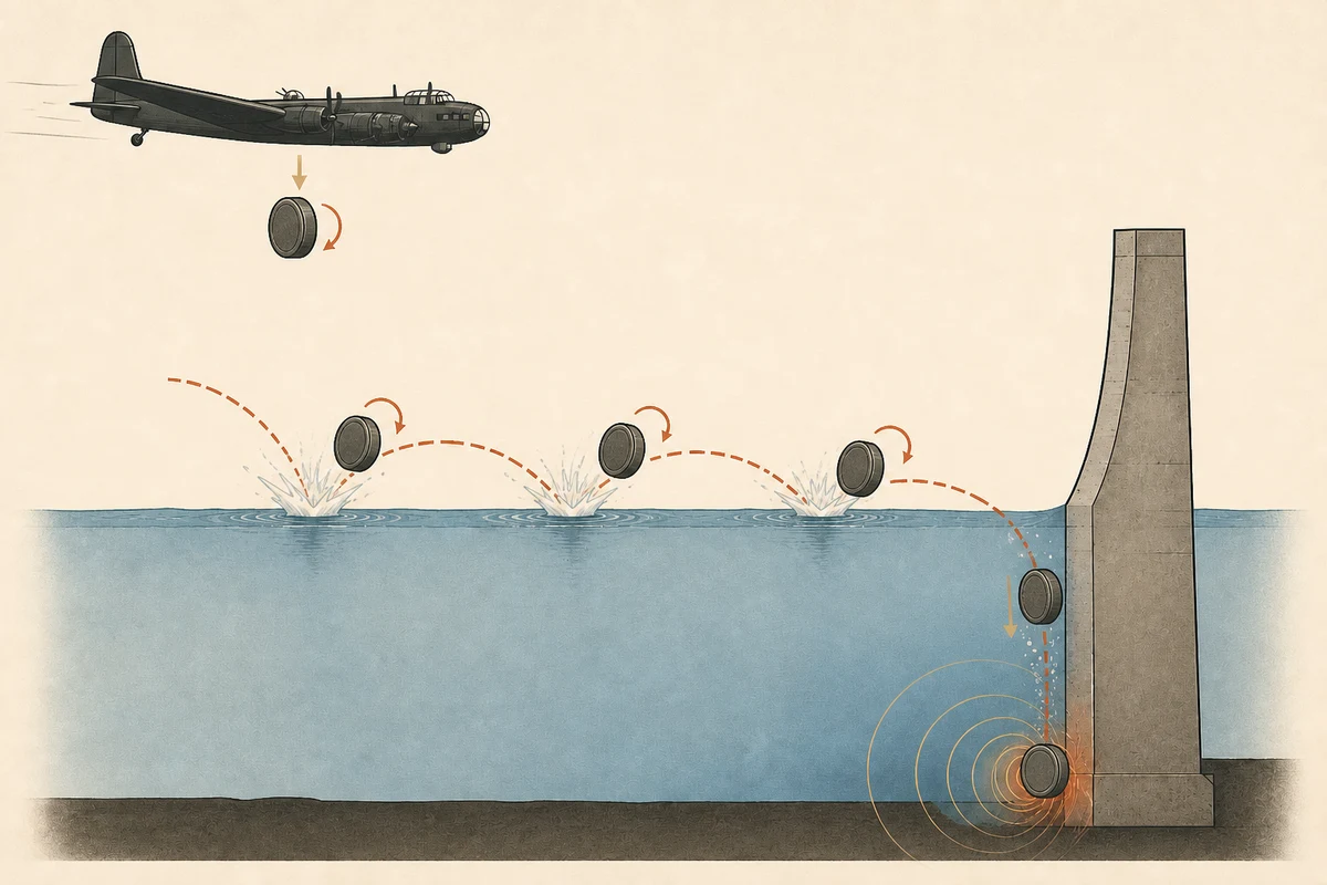 Cutaway diagram showing an Upkeep mine backspinning and skipping across the reservoir before sinking beside the dam and detonating underwater