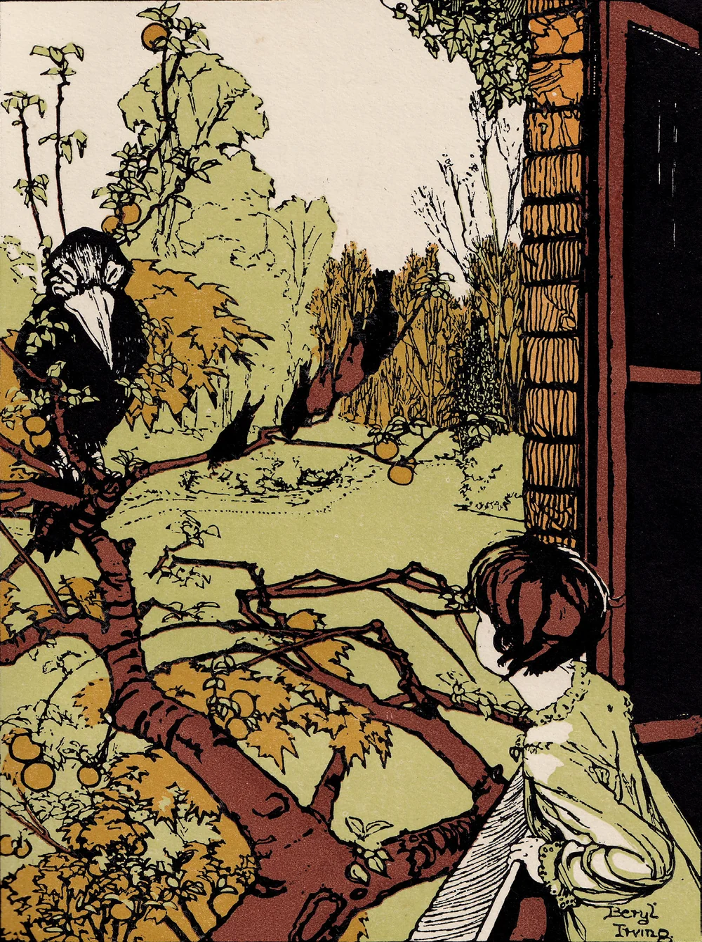 Colour plate from The Dawnchild: a child at a window watching a strange bird perched on an apple branch