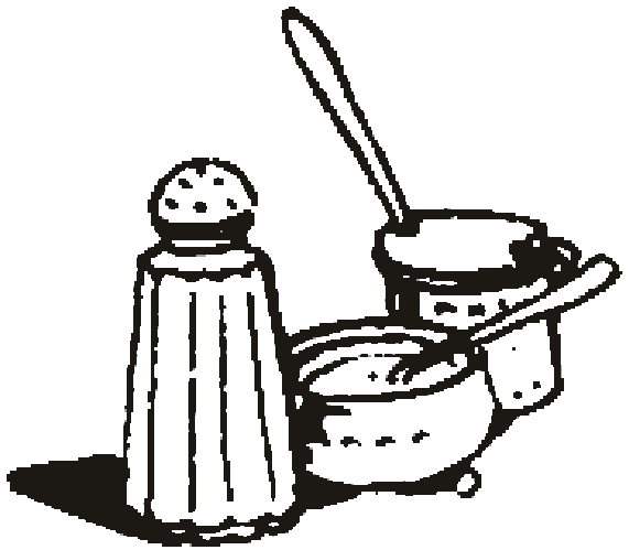 Pen-and-ink kitchen still life of a salt cellar, pot and ladle, by Beryl Irving