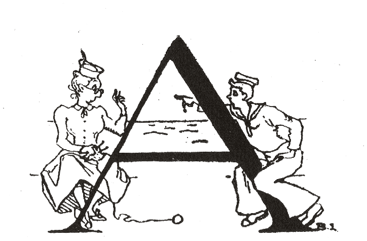 Decorative initial A flanked by two sailors, by Beryl Irving