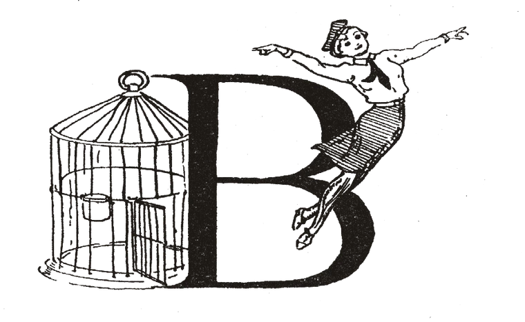 Decorative initial B with a birdcage and a diving figure, by Beryl Irving